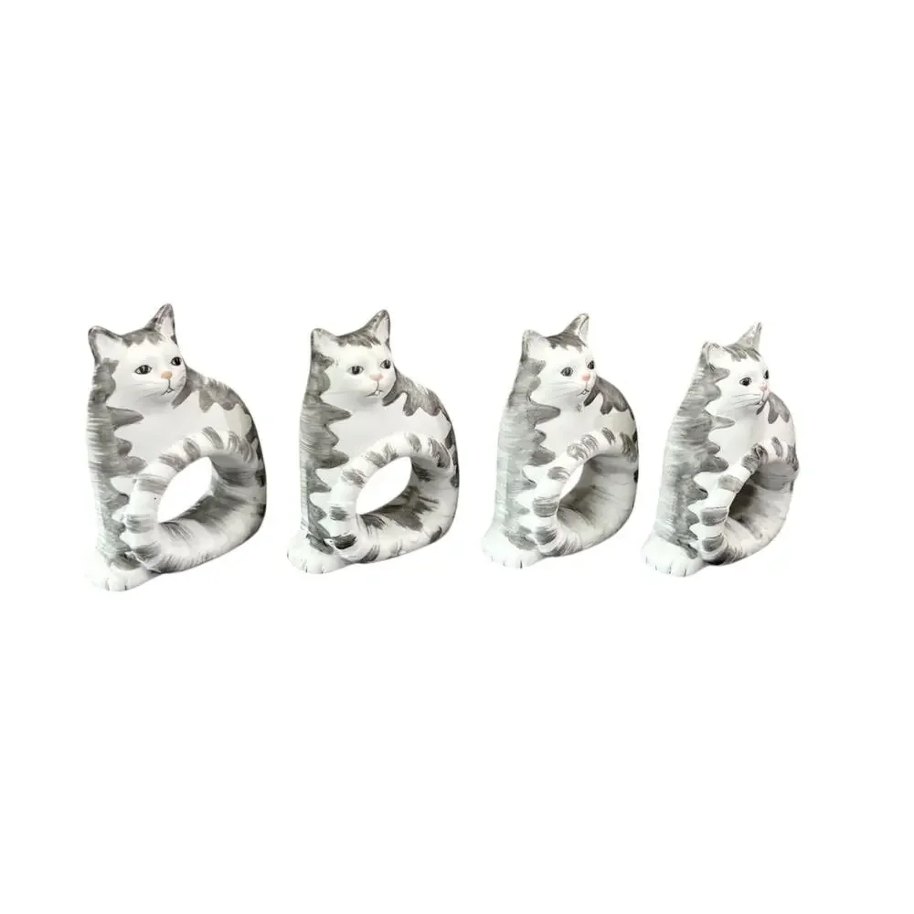 Silvestri Gray & White Cat Napkin Rings Set of 4 Ceramic Kitty Holders